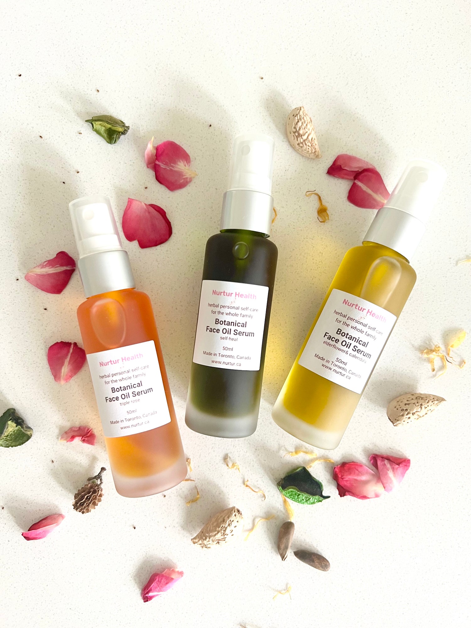 Trio of Herbal Face Serum Oils in Glass Bottles